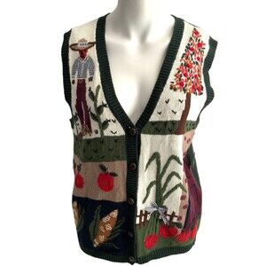 Capacity Vest Women Size M Multicolor Fall Harvest Hand Embroidered Farm